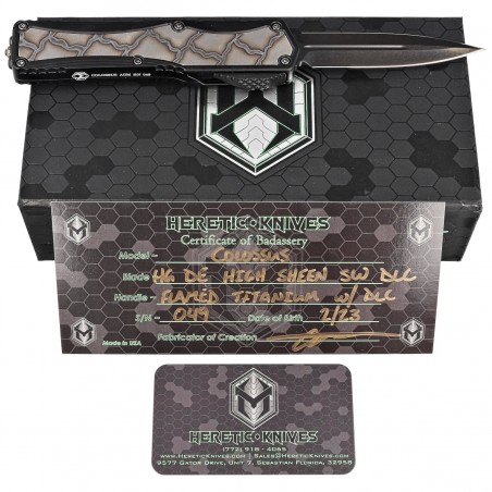 Nóż automatyczny OTF Heretic Custom Colossus DE Black Aluminum / Flamed Ti Inlay, High Sheen SW DLC MagnaCut by Tony Marfione