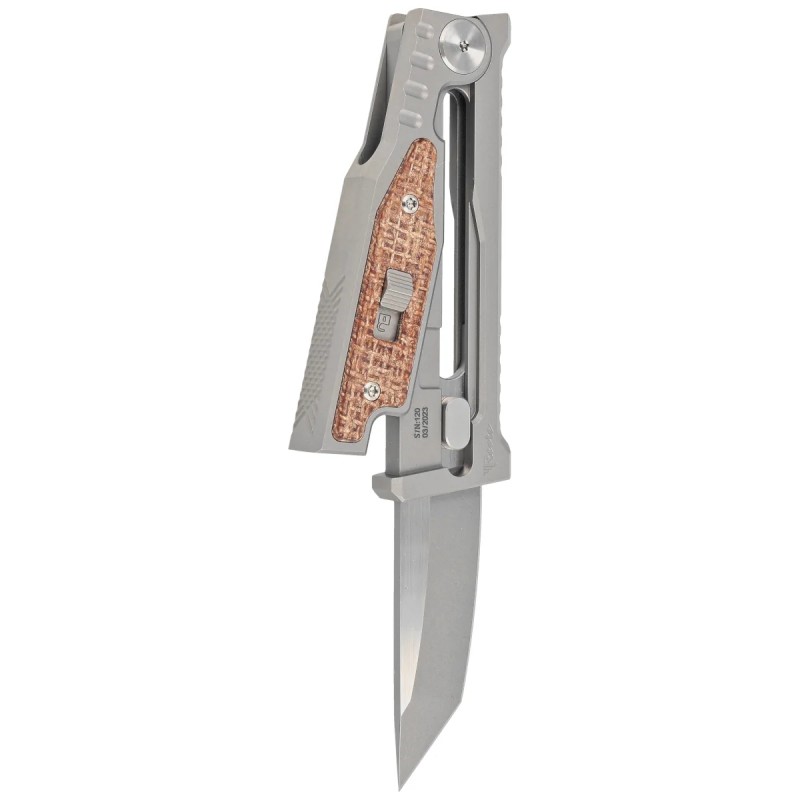 Nóż składany Reate Mini EXO Gravity OTF Tanto Titanium/Burlap Micarta, Stonewashed CPM-3V (Mini EXO TE.BM)