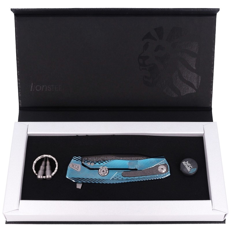 Nóż składany LionSteel ROK Blue Titanium, Chad Nichols Scrambled Damascus (ROK DD BL)