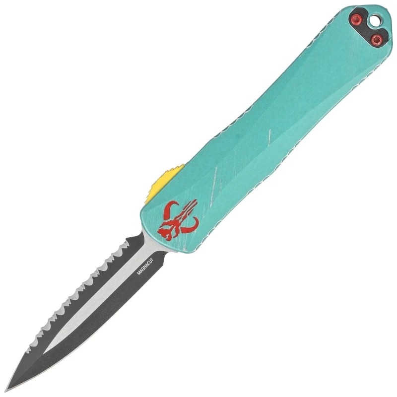 Nóż automatyczny OTF Heretic Manticore E Bounty Hunter D/E Green Distressed Aluminium / Camo Carbon, P/S Black DLC/Satin MagnaCu