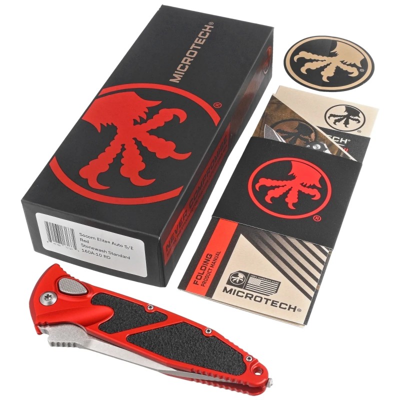 Nóż automatyczny Microtech Socom Elite Auto S/E Red Aluminium/3M, Stonewashed M390 by Tony Marfione (160A-10RD)