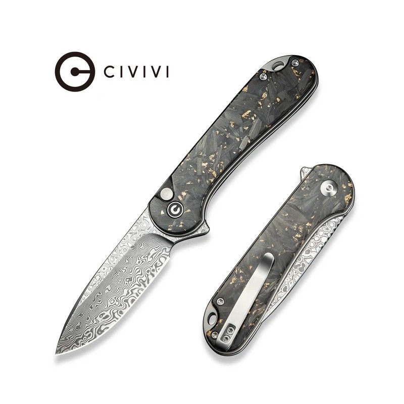 Nóż składany Civivi Button Lock Elementum II Shredded Carbon Fiber/Golden Shred, Damascus (C18062P-10)