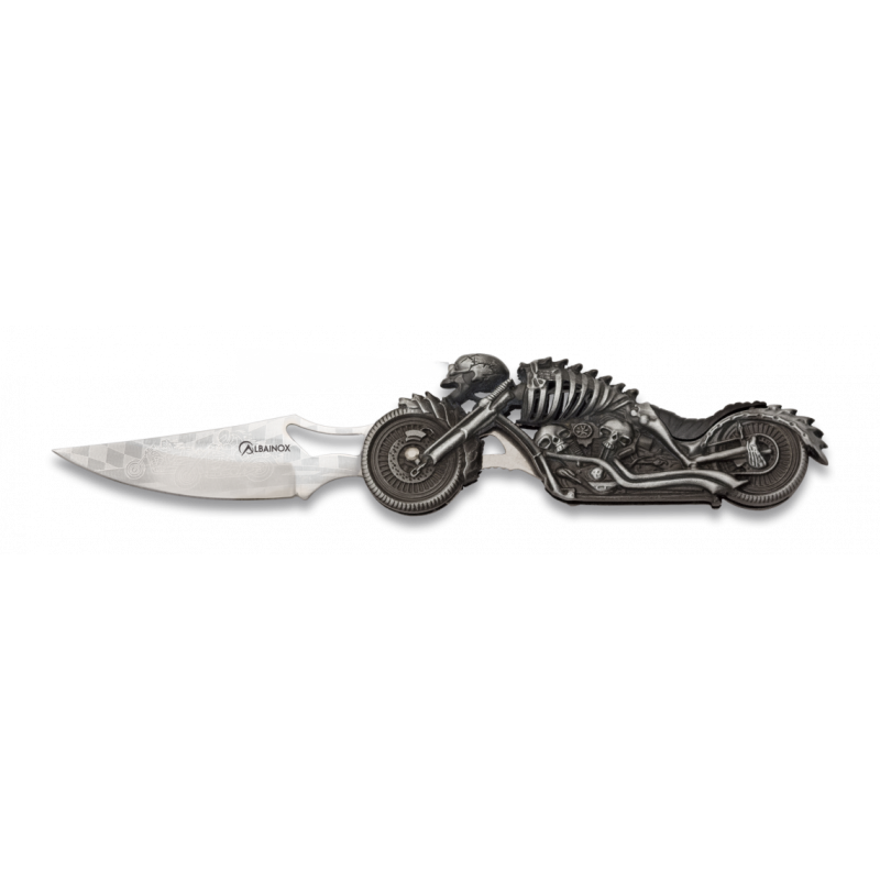 Nóż składany z latarką Martinez Albainox Moto Skeleton Gray Zamak, Laser Ornament 3Cr13Mov (18063)