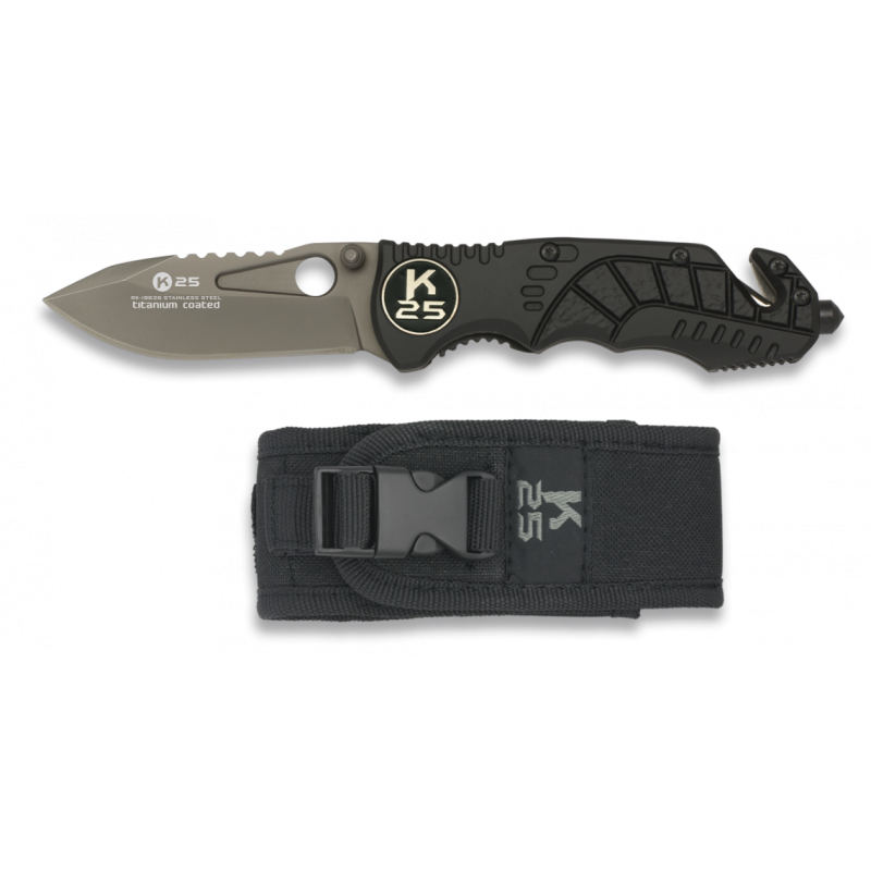 Nóż składany K25 Black Aluminum/Rubber, Titanium 7Cr17Mov (19625)
