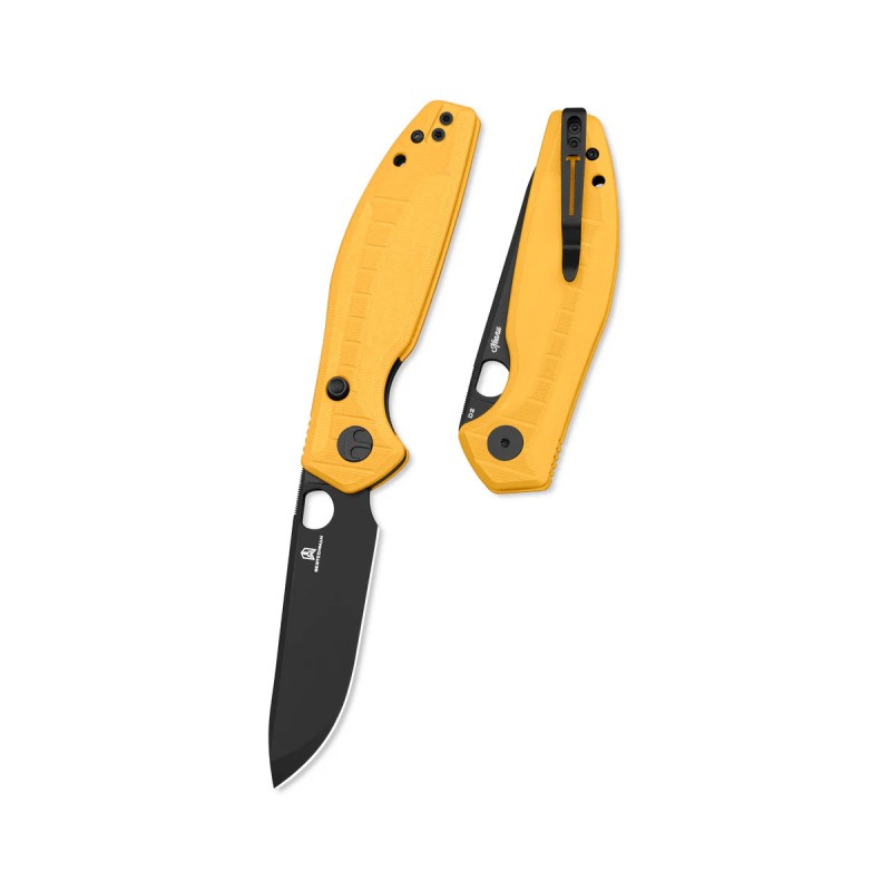 Nóż składany Bestechman Angry Owl Yellow G10, Black PVD D2 by Keanu Alfaro (BMK12A-2)