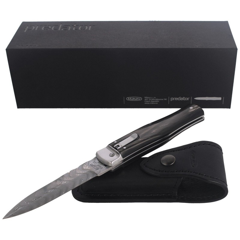 Nóż sprężynowy Mikov Predator Wildcat Buffalo Horn, Damascus PMC27 (241-DR-1/KP)