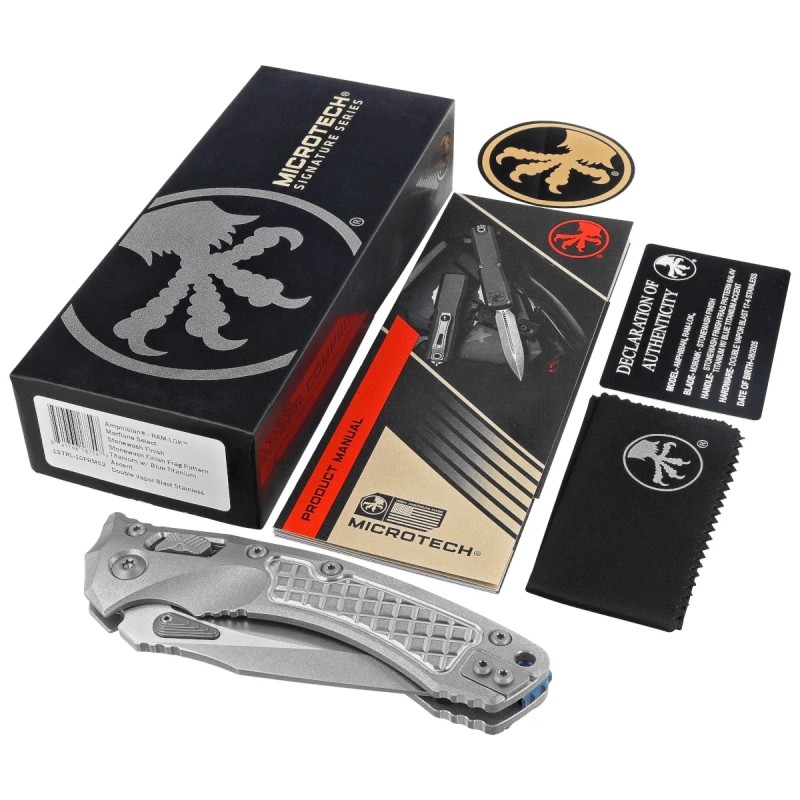 Nóż składany Microtech Marfione Select Amphibian Ram-Lok S/E Signature Stonewashed Frag Pattern Titanium,Blue HW, Stonewashed M3