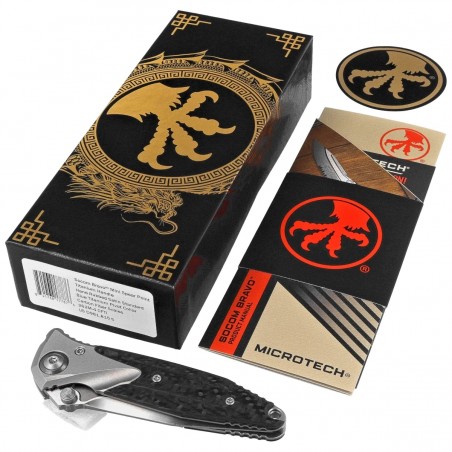 Nóż składany Microtech Socom Bravo Mini SP Titanium/Carbon Fiber, Blue HW, Hand Rubbed Satin M390 by Tony Marfione (262M-4CFTI)