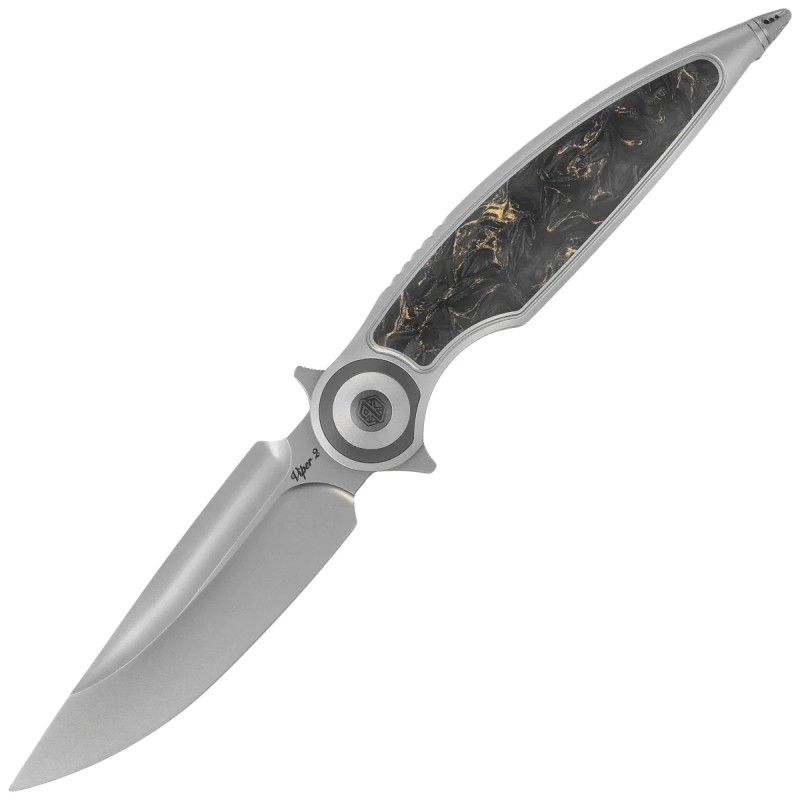Nóż składany Rike Knife Viper 2 Gray Titanium / Gold Carbon Fiber, Satin M398 by Richard Wu (RK-Viper 2-A P/GCF)