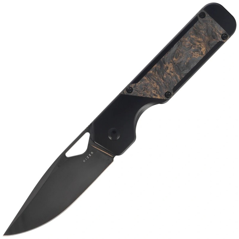 Nóż składany Kizer Militaw Black Titanium / Dark Matter Gold Fat Carbon, Black Mirror Finish / DLC S45VN by Jonathan Styles (Ki3