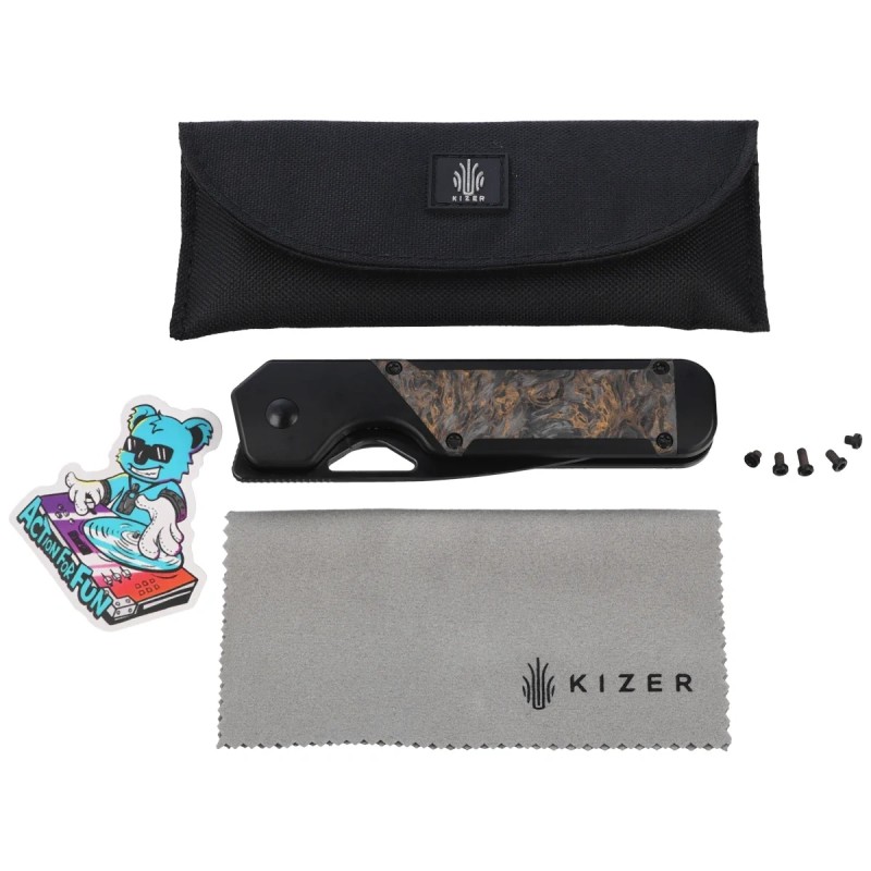 Nóż składany Kizer Militaw Black Titanium / Dark Matter Gold Fat Carbon, Black Mirror Finish / DLC S45VN by Jonathan Styles (Ki3