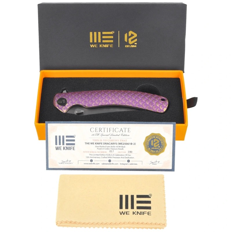 Nóż składany WeKnife Dracarys LE No ???/199 Purple / Golden Titanium, Hand Rubbed Satin M390 (WE25061B-2)