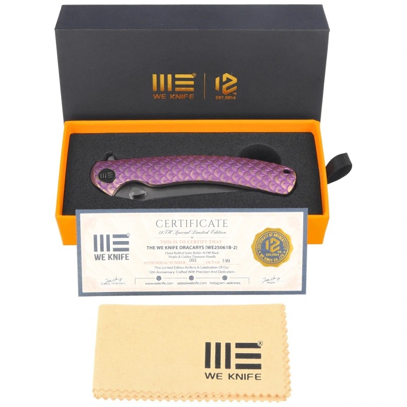 Nóż składany WeKnife Dracarys LE No ???/199 Purple / Golden Titanium, Hand Rubbed Satin M390 (WE25061B-2)