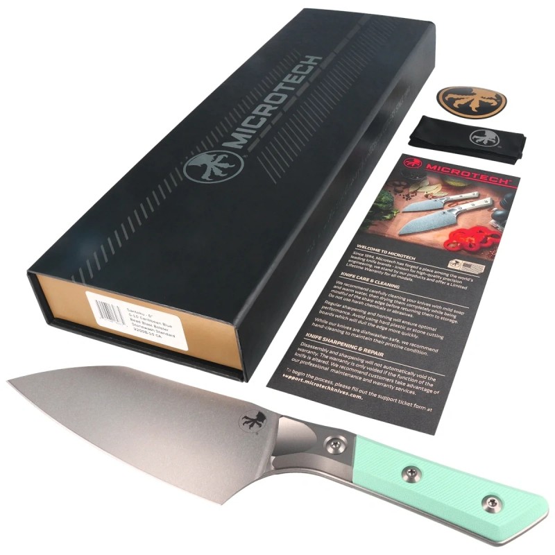 Nóż kuchenny Microtech Santoku 6'' Titanium Bolster/Caribbean Blue G10, Stonewashed M390MK (3200B-10CA)