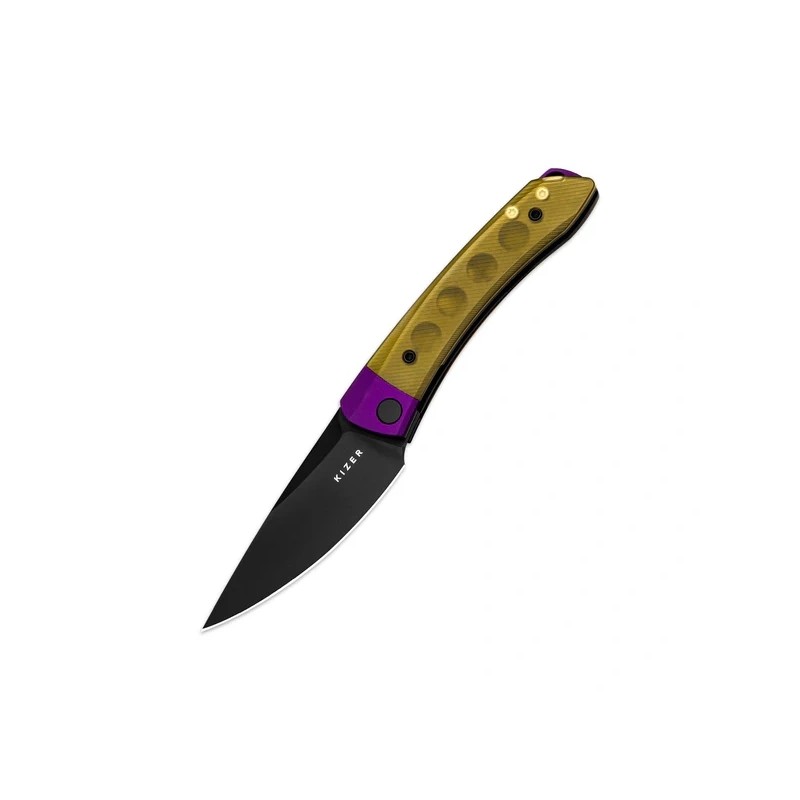 Nóż składany Kizer Mini MoMo Purple Aluminum/Yellow PEI, Black Nitro-V by Vladimir Legachev (V3663A1)