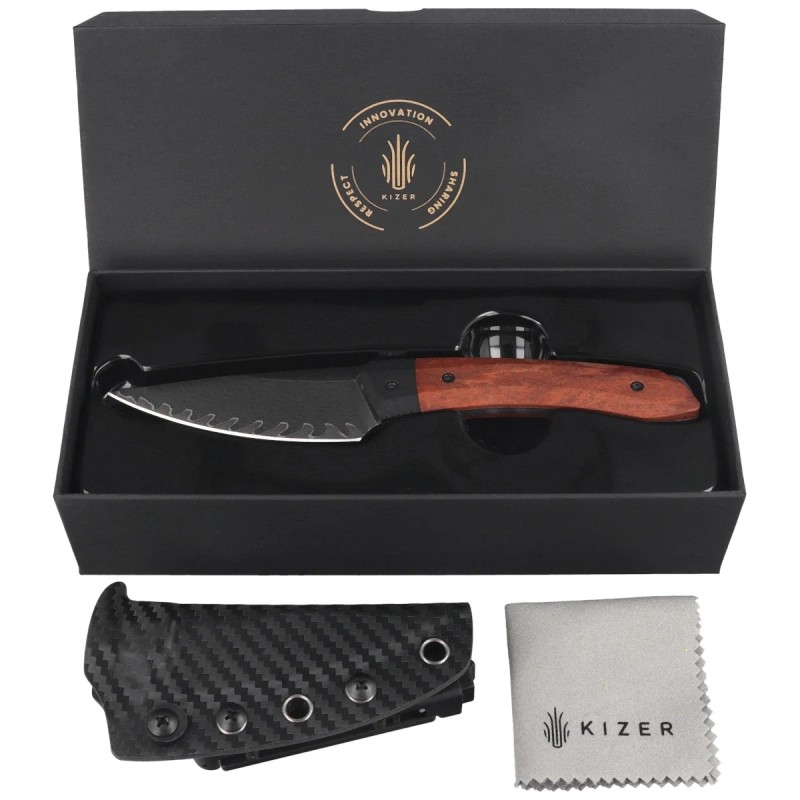 Nóż Kizer MoMo Fix 3 Black G10/Mkuruti Wood, Acid-Washed/Stonewashed Takefu VG-10 Damascus by Vladimir Legachev (1124A1)