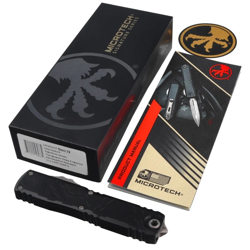 Nóż automatyczny OTF Microtech Ultratech Gen IV Interceptor Signature Black Topographic Deep Engraved Aluminium, Apocalyptic M39