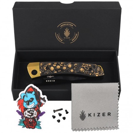 Nóż składany Kizer Mini MoMo Gold Titanium / Camo Gold Fat Carbon, Polished DLC S90V by Vladimir Legachev (Ki3663A3)