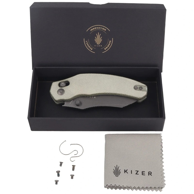 Nóż składany Kizer Bulldog Green Micarta, Gray Stonewashed Nitro-V by O.SHO (V3672A3)