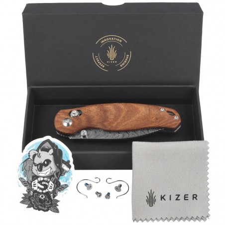 Nóż składany Kizer Phoca CD Mkuruti Wood, Acid Washed Damascus (V3781CDA3)