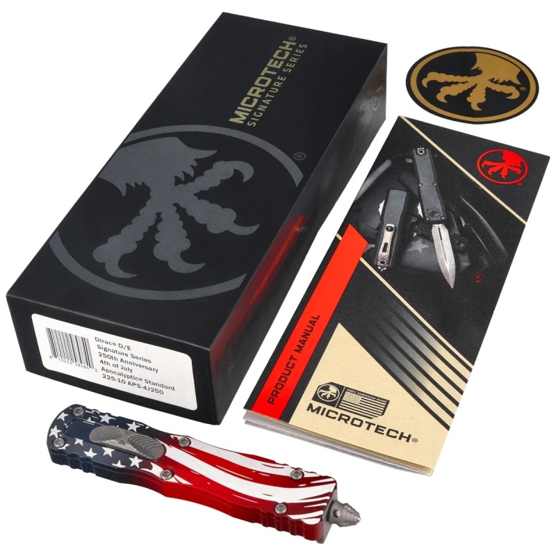 Nóż automatyczny OTF Microtech Dirac D/E Signature 250th Anniversary 4th of July Aluminium, Apocalyptic M390MK by Tony Marfione 