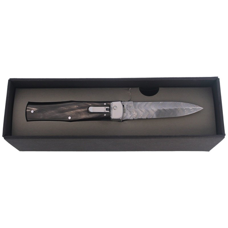 Nóż sprężynowy Mikov Predator Wildcat Buffalo Horn, Damascus PMC27 (241-DR-1/KP)