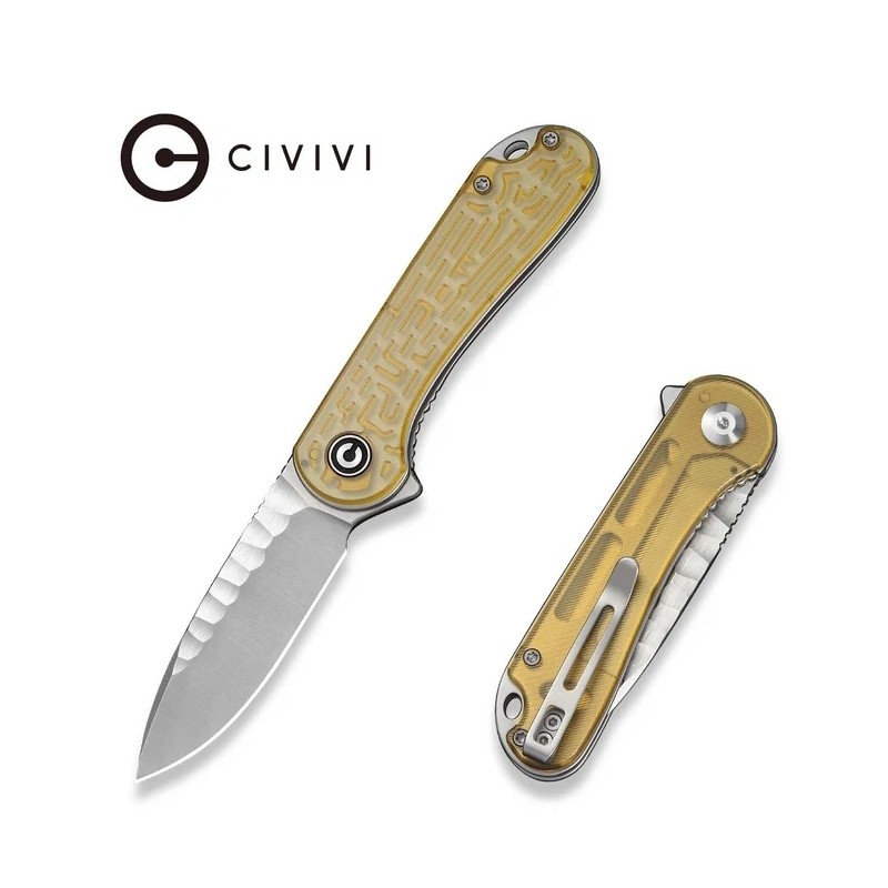 Nóż składany Civivi Elementum Flipper Polished Yellow Ultem, Satin/Rock-Grind Pattern Nitro-V (C18062AM-2)