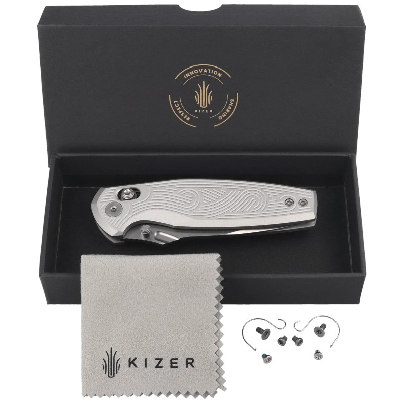 Nóż składany Kizer Khamsin Silver Aluminium, Satin Nitro-V by Maksim Epifantsev (V3791A3)