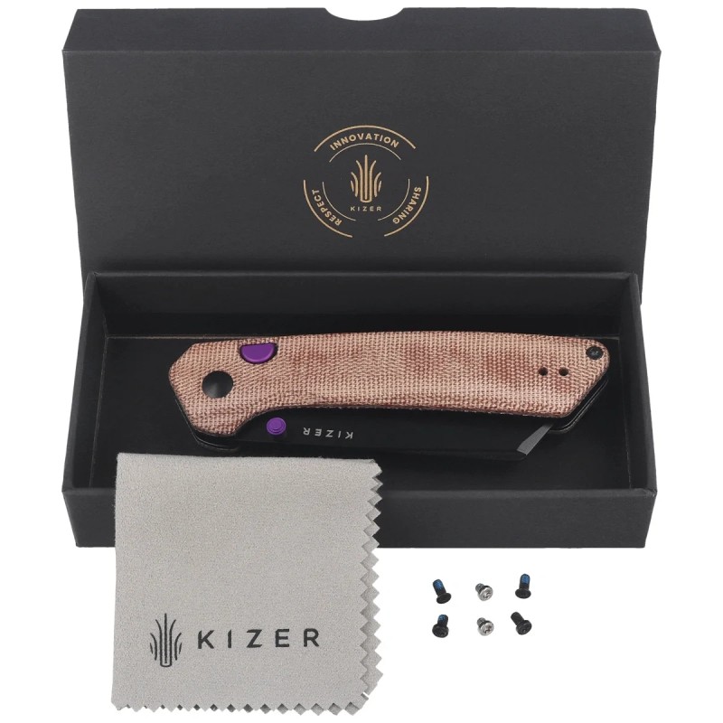 Nóż składany Kizer Madrac Brown Norplex UltreX Micarta, Black PVD 14C28N by Matteo Pignatelli (V3693BSA1)
